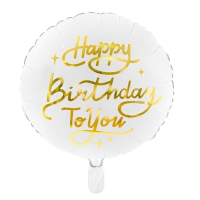 Balão redondo branco com texto dourado Happy Birthday To You