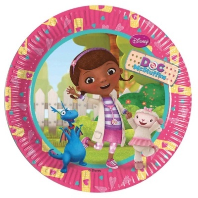 Prato de papel rosa com imagem da personagem Doc McStuffins e amigos