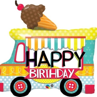 Balão formato carrinha de gelados colorida com texto HAPPY BIRTHDAY.