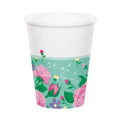 Copo descartável de papel com padrão floral rosa e azul