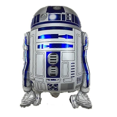 Balão metálico prateado e azul em formato do robô R2-D2 de Star Wars