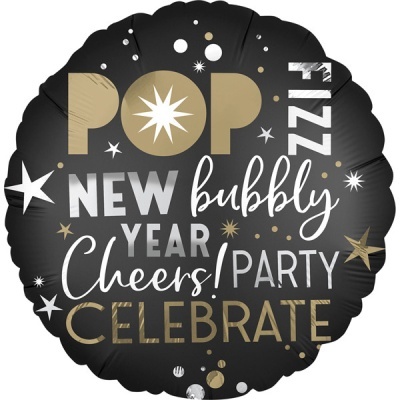 Balão negro redondo com texto festivo dourado, branco e cinzento e estrelas decorativas.