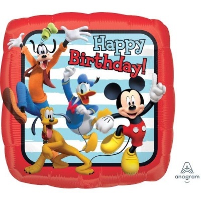 Balão quadrado colorido com personagens Disney e texto 'Happy Birthday!'