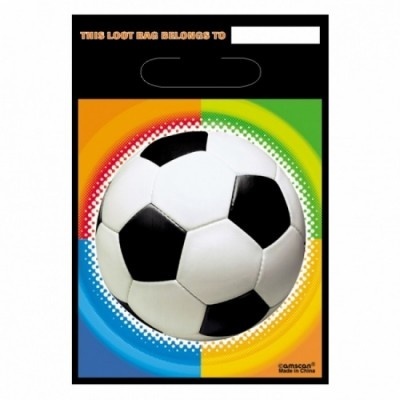 Saco plástico preto com bola de futebol preto e branca e fundo colorido