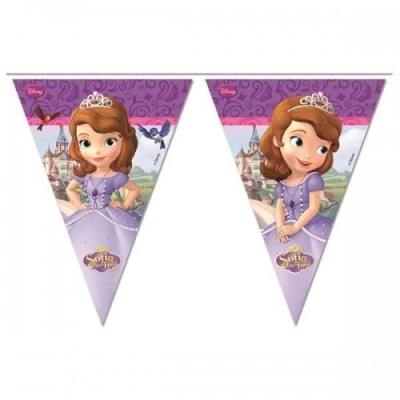 Bandeirolas triangulares da Sofia, a princesa, em lilás com castelo ao fundo