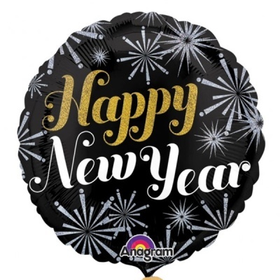 Balão preto com texto Happy New Year e fogos-de-artifício