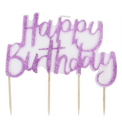 Topo de bolo cor-de-rosa com glitter com texto 'Happy birthday'