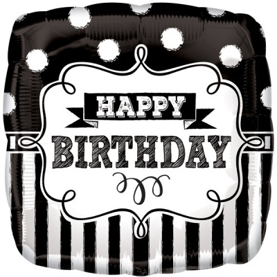 Balão quadrado preto e branco com texto 'HAPPY BIRTHDAY'