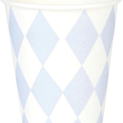 Copo descartável branco com padrão de losangos azuis