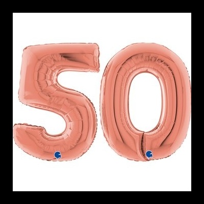 Balões metálicos cobre em forma dos números 5 e 0