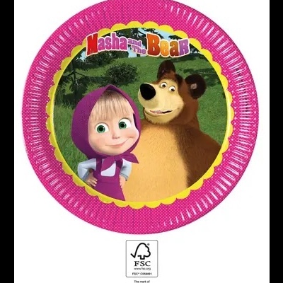 Prato descartável rosa com imagem de Masha e o Urso