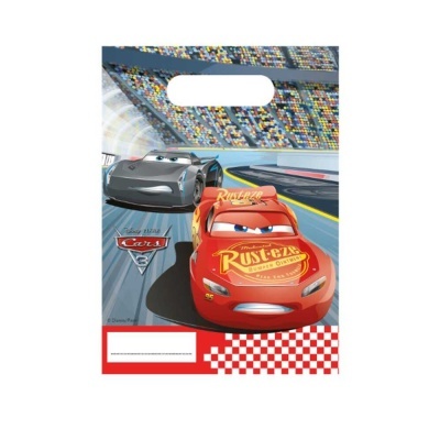 Saco plástico com personagens do filme Carros e texto Rust-eze
