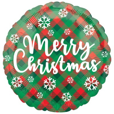 Balão redondo Merry Christmas com padrão xadrez e flocos de neve