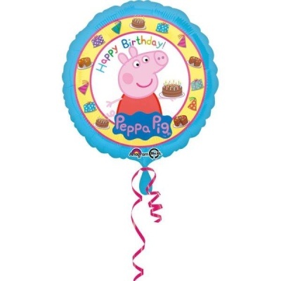Balão redondo azul com tema Peppa Pig e texto Happy Birthday