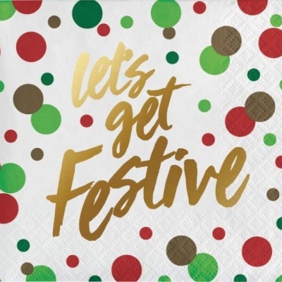 Guardanapo com bolas coloridas e texto dourado festivo