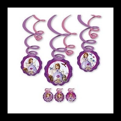 Decorações penduradas com imagens da Princesa Sofia e espirais roxas