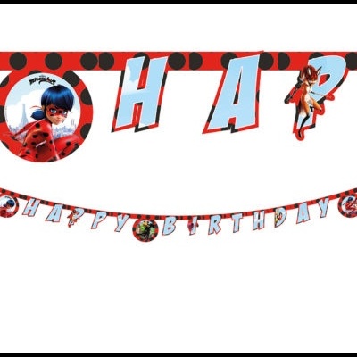 Faixa decorativa de festa com o texto HAPPY BIRTHDAY e imagens do personagem Ladybug em vermelho, azul e preto