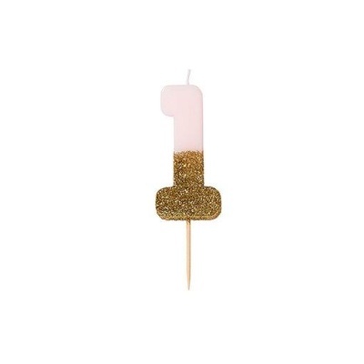 Vela de aniversário número 1 rosa com glitter dourado