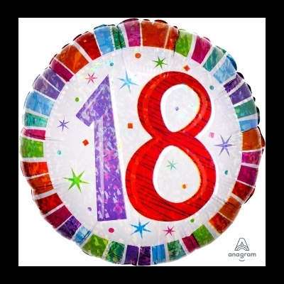Balão redondo com número 18 colorido e borda multicolorida