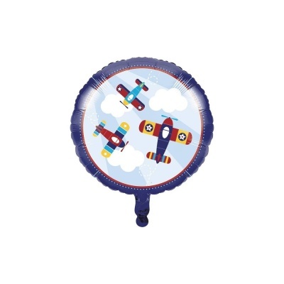 Balão redondo azul com ilustração de aviões coloridos voando entre nuvens