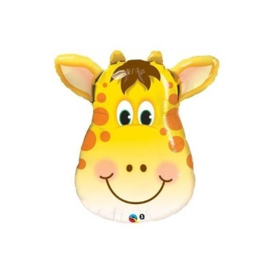 Balão formato cabeça de girafa amarela com olhos verdes e sorriso