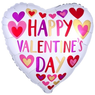 Balão metalizado em forma de coração com texto e corações coloridos