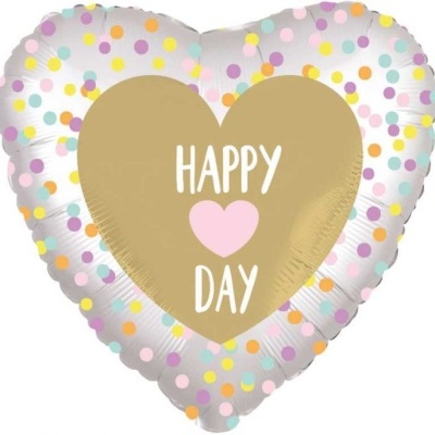 Balão em forma de coração com padrão colorido e texto Happy Day