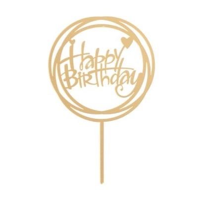 Cake topper dourado circular com texto Happy Birthday e coração