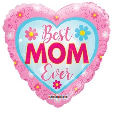 Balão coração azul claro com bordas rosa e texto Best MOM Ever