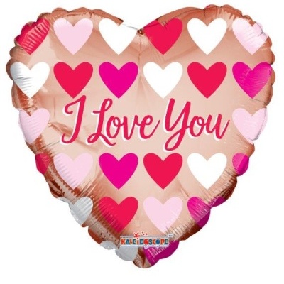 Balão em forma de coração cor-de-rosa com corações pequenos coloridos e texto I Love You