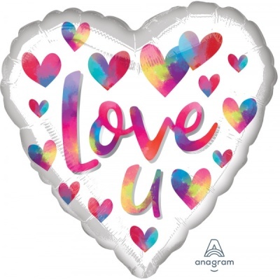 Balão em forma de coração branco com corações coloridos e texto Love u.