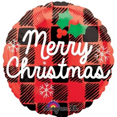 Balão redondo vermelho e preto com texto 'Merry Christmas' e decoração de Natal.