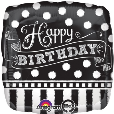 Balão quadrado preto e branco com texto Happy BIRTHDAY