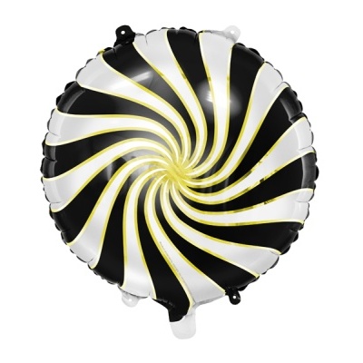 Balão redondo metalizado com padrão espiral preto, branco e dourado