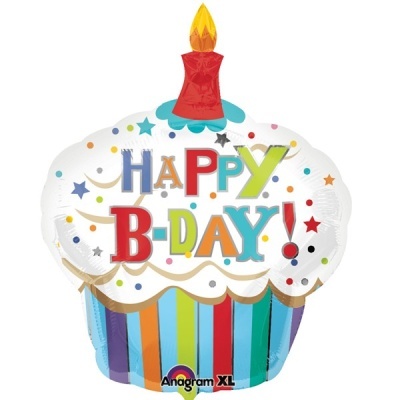 Balão de aniversário em forma de bolo com vela e texto colorido