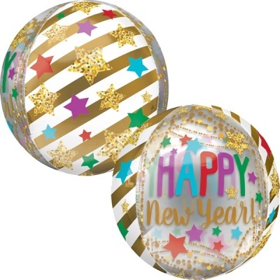 Balão plástico redondo decorado com estrelas coloridas e douradas e texto HAPPY New Year!
