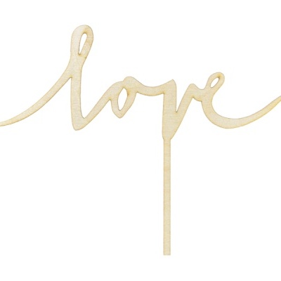 Decoração de madeira com a palavra 'love' em letra cursiva