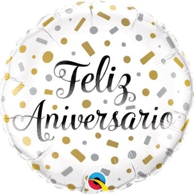 Balão branco metálico com confetes dourados e cinzentos e texto 'Feliz Aniversário' preto