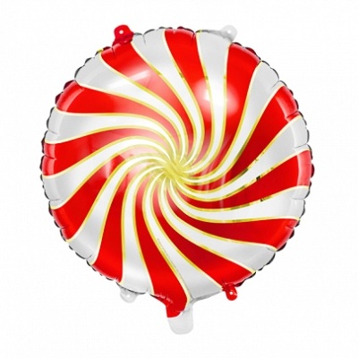 Balão redondo com padrão espiral vermelho, branco e dourado