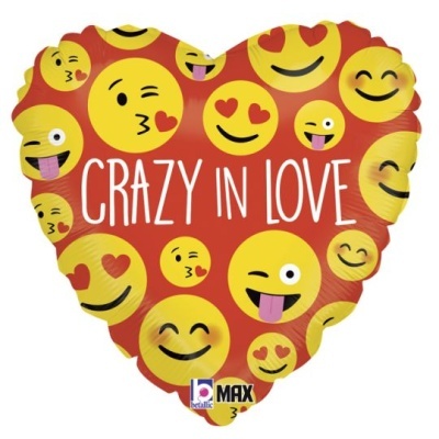 Balão coração vermelho com emojis sorridentes e texto branco 'CRAZY IN LOVE'