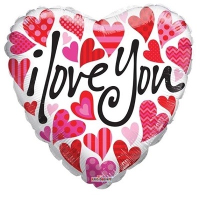 Balão metálico em forma de coração com corações vermelhos e cor-de-rosa e texto 'i love you'