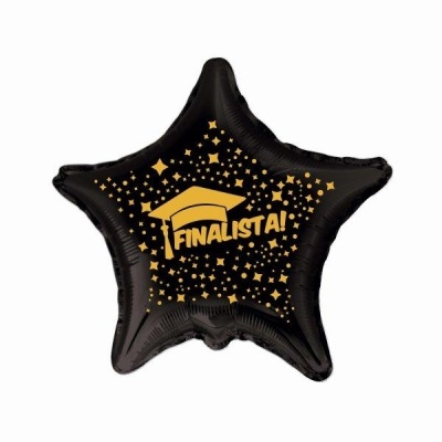 Balão estrela preto com texto FINALISTA e chapéu académico amarelo