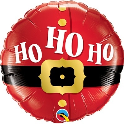 Balão redondo vermelho com cinto preto e dourado e texto HO HO HO