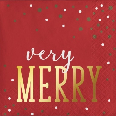 Guardanapo vermelho com texto very MERRY e pontos dourados e brancos