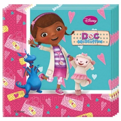 Guardanapos Disney Doc McStuffins com personagens e decoração em azul e rosa