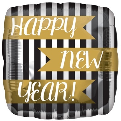 Balão quadrado metalizado preto, branco e dourado com texto Happy New Year