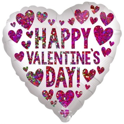 Balão de coração branco com texto e corações vermelhos brilhantes