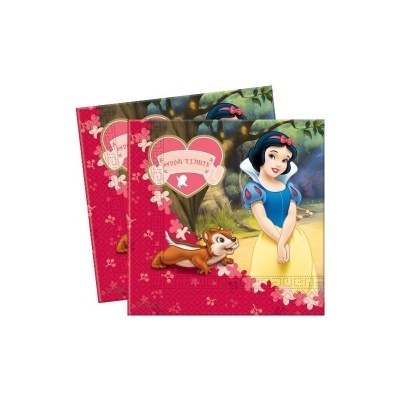 Dois pacotes de guardanapos vermelhos com imagem da Branca de Neve e um esquilo