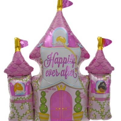 Balão castelo rosa com texto Happily ever after e personagens ilustrados