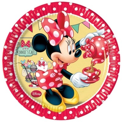 Prato descartável com estampa de Minnie Mouse servindo chá em prato vermelho com bolinhas brancas
